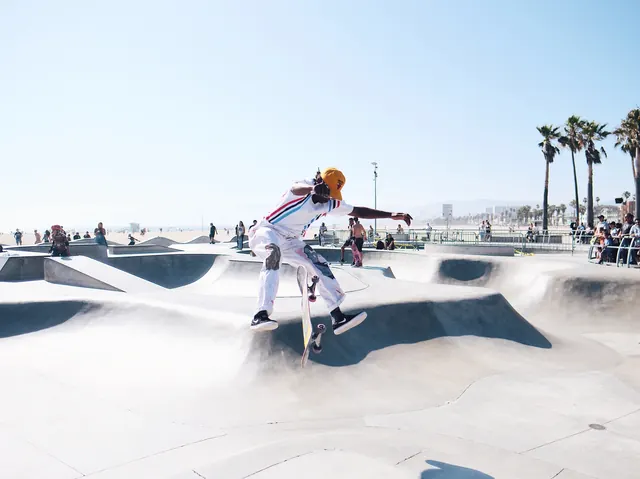 Skateboarding action at Venice Beach skate park, photographic, action, light