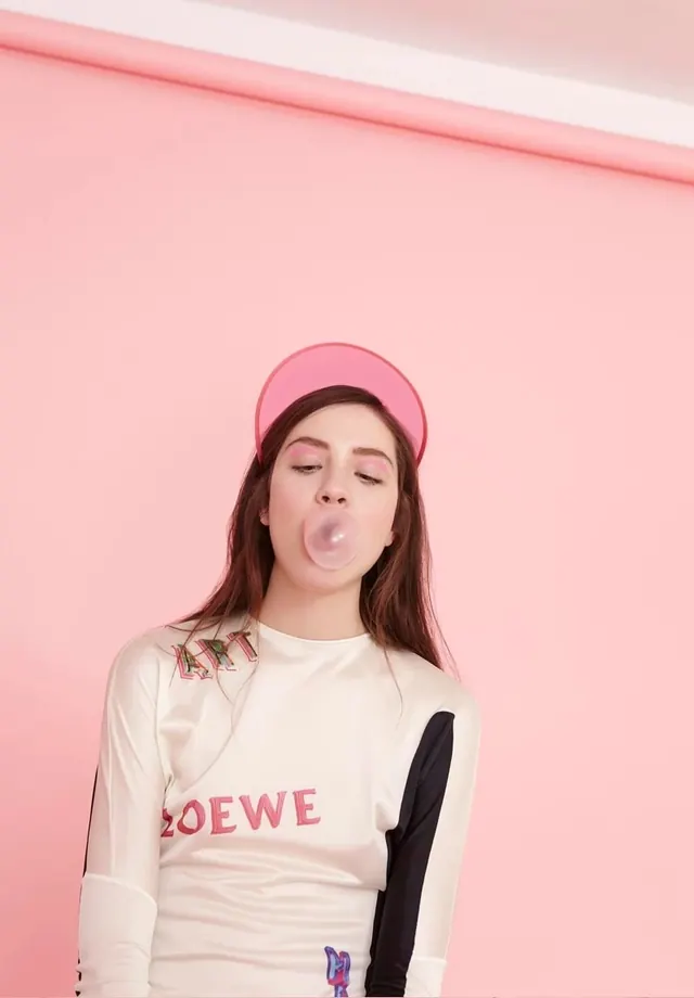 Fashion editorial portrait in pink tones, photographic, pastel, pastel