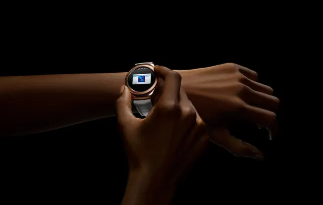 Samsung Pay smartwatch product photo on wrist, photographic, dark-mode, dark