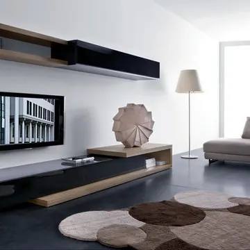 Minimalist modern living room with sculptural accents and geometric rugs, minimalist, corporate-clean, monochrome