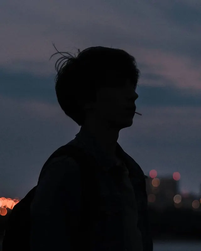 Silhouetted profile portrait against twilight with bokeh, photographic, minimal, dark