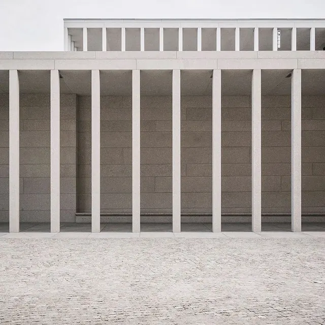 Brutalist concrete colonnade facade, brutalist, architectural, muted