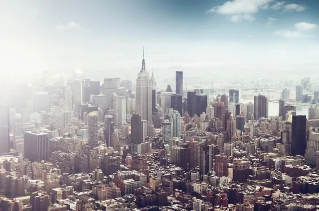 New York City skyline aerial photograph, photographic, documentary, cool