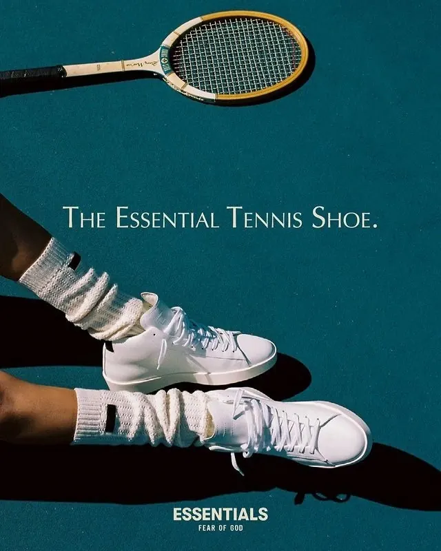 Essential Tennis Shoe product lifestyle composition, photographic, minimal, cool