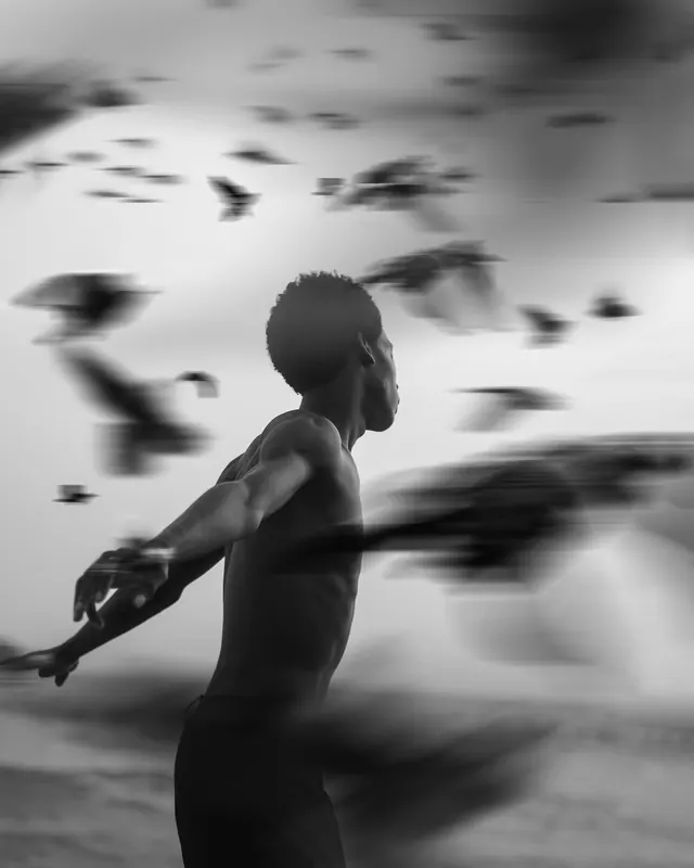 Motion-blurred surfer portrait photography, photographic, technical, monochrome