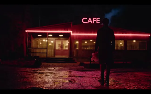 Neon-lit retro cafe storefront at night, photographic, retro, neon