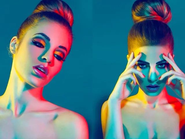 Gel lighting beauty composition—blue and peach tones, photographic, gradient-heavy, warm