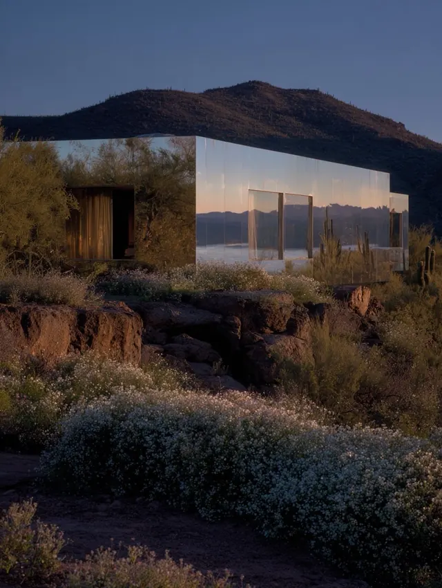 Architectural structure in desert landscape with mirrored facade, photographic, technical, cool