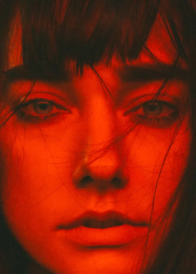 Portraiture with intense red color cast and graphic treatment, illustrated, photographic, vibrant
