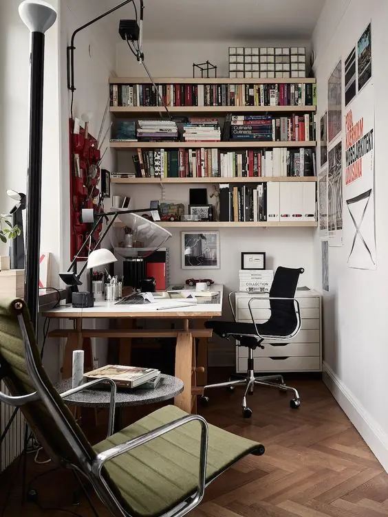 Minimalist home office with wall-mounted shelves, minimal, corporate-clean, light
