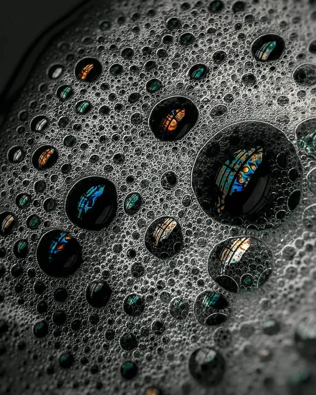 Liquid droplets with colorful light refractions, photographic, dark
