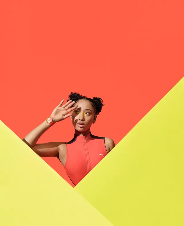 Bold geometric color-block portrait, geometric, bold, vibrant