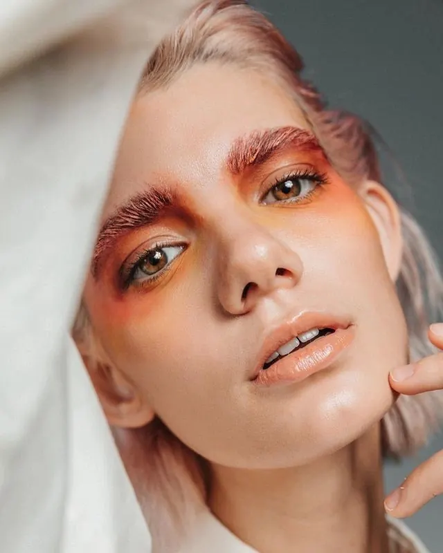 Warm-tone makeup portrait, photographic, organic, warm