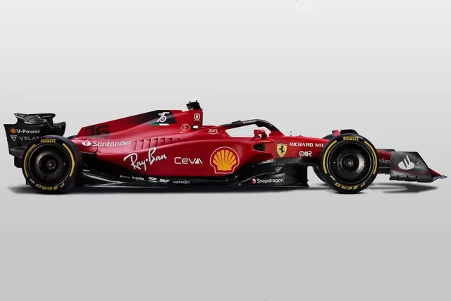 Ferrari F1 racing car profile, photographic, technical, dark