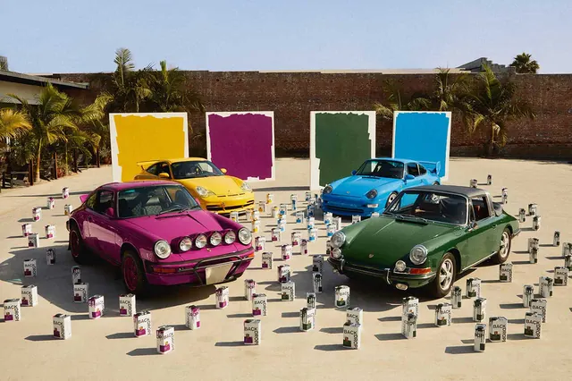 Colorful vintage cars art installation, playful, photographic, vibrant