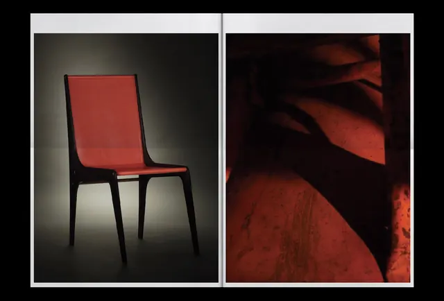 Modern red chair and light study diptych, photographic, minimal, warm