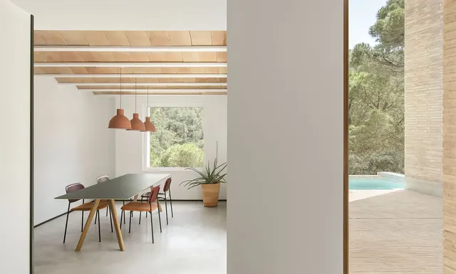 Modern patio dining room interior, minimal, organic, warm