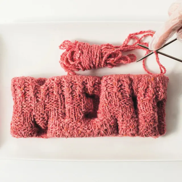 Coral knitted textile with needles, photographic, organic, warm