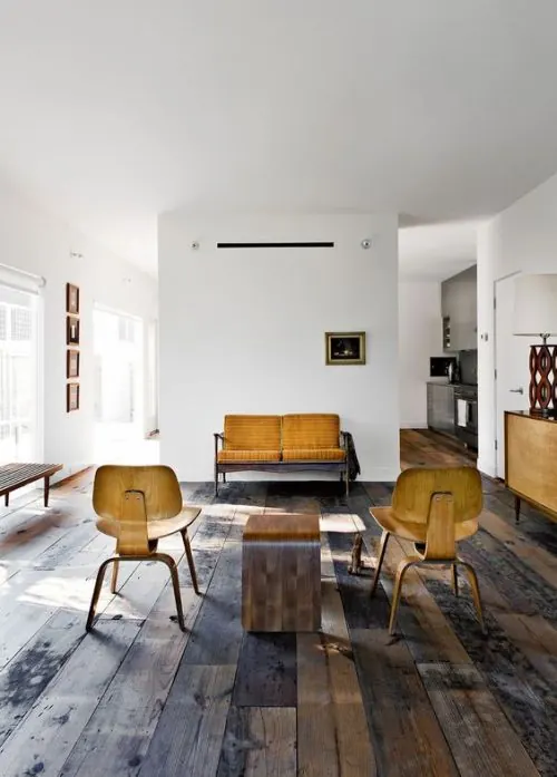 Warm midcentury modern living room, minimal, organic, warm