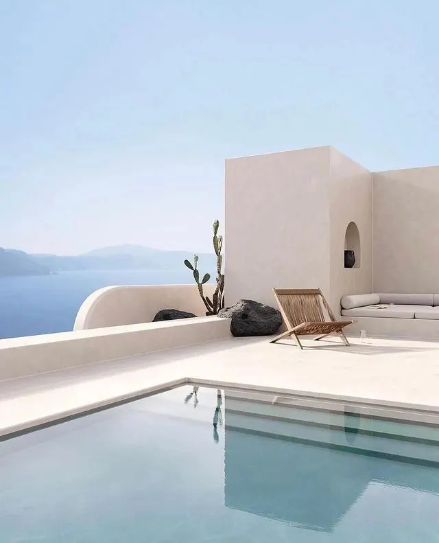 Mediterranean resort with infinity pool, photographic, minimal, light