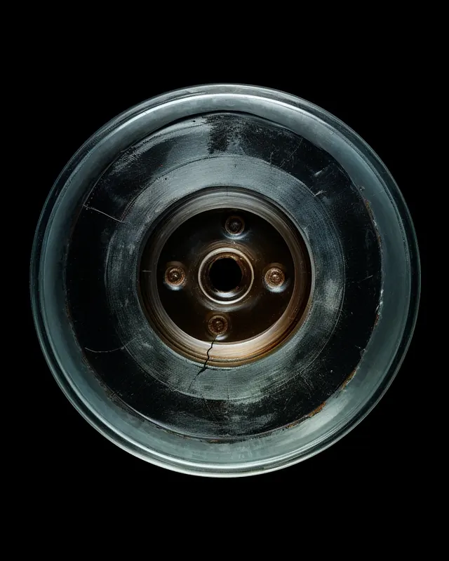 Industrial wheel hub with metallic patina, technical, dark-mode, dark