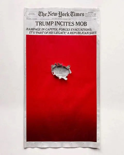 Torn newspaper image with red vignette, editorial, photographic, dark