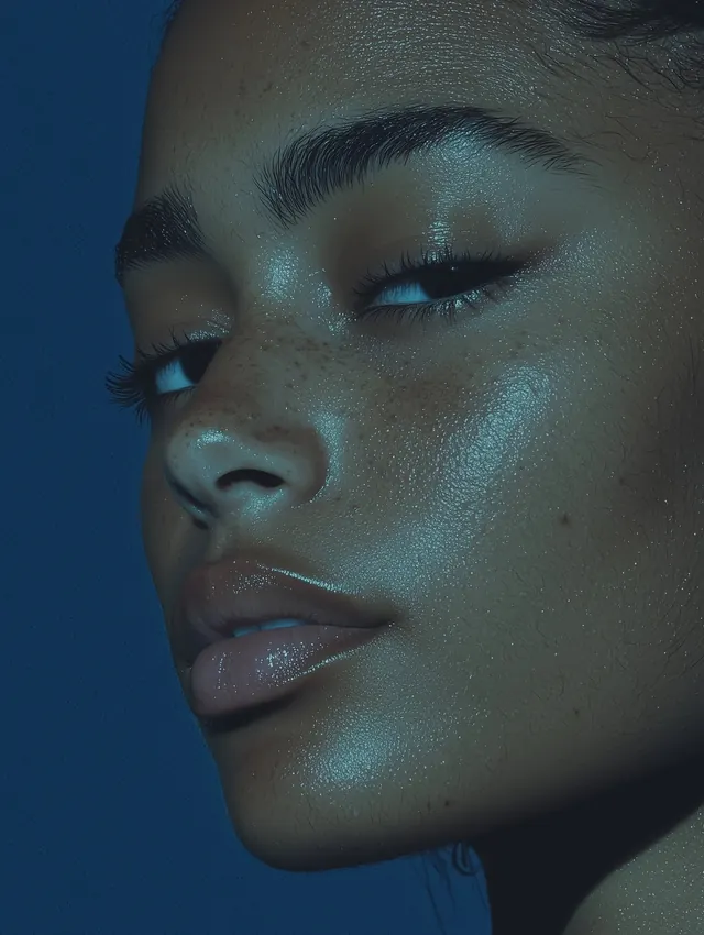 Close-up beauty portrait with blue eyeshadow, photographic, luxury, cool