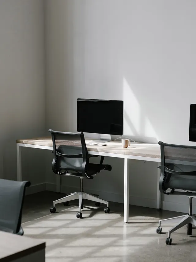 Work.co Portland Open Office Desk Setup, minimal, corporate-clean, light