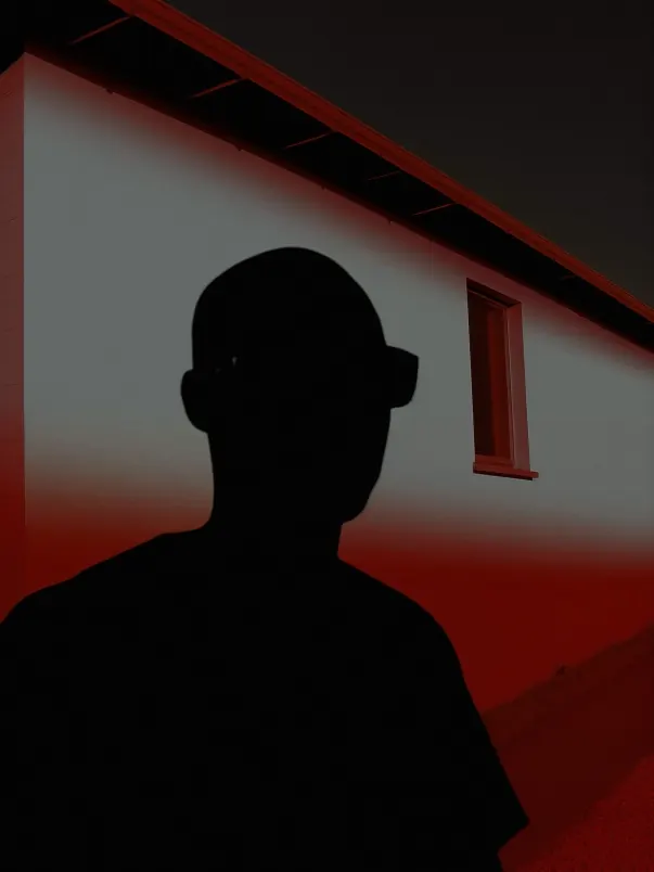 Silhouette portrait against red wall, minimalist, photographic, dark