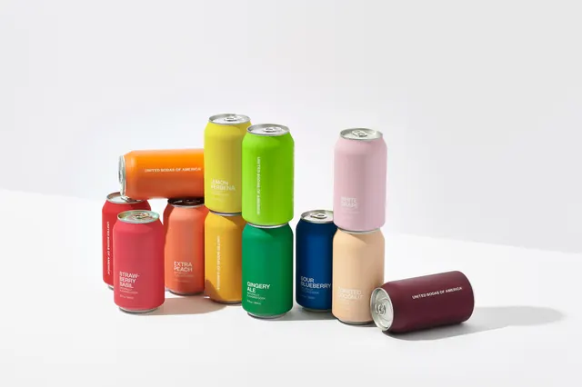 Beverage can collection packaging, playful, gradient-heavy, vibrant