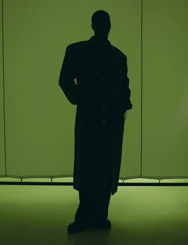 Fashion campaign silhouette on bright green, editorial, photographic, vibrant
