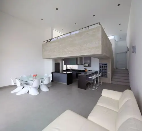 Modern loft interior with mezzanine level, minimal, photographic, light