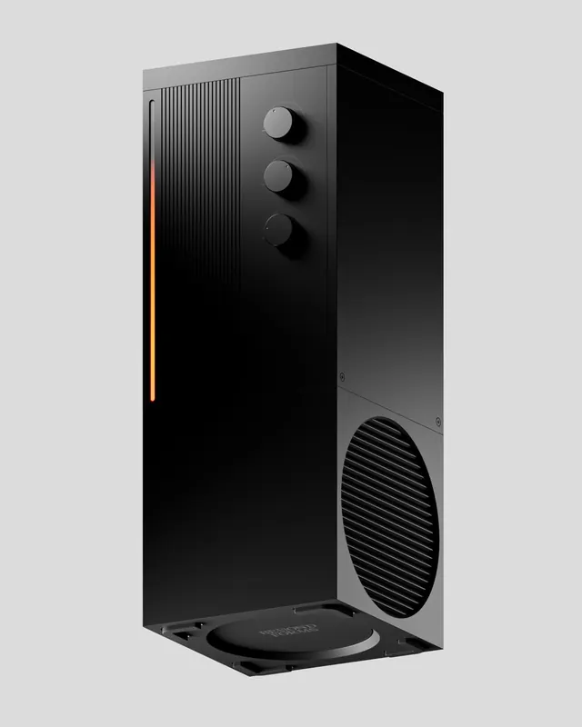 Black and grey modular speaker system product shot, technical, minimal, dark