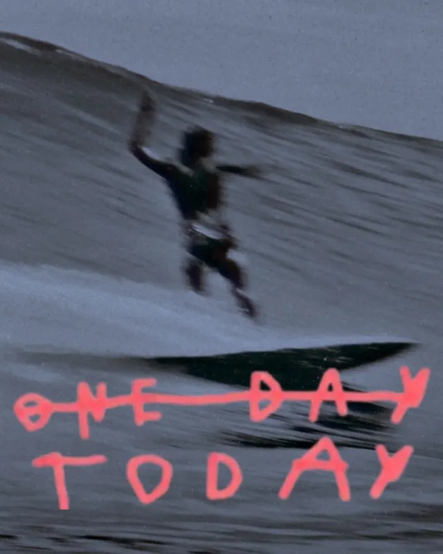 Motion-blurred action shot with neon typography overlay, playful, photographic, cool