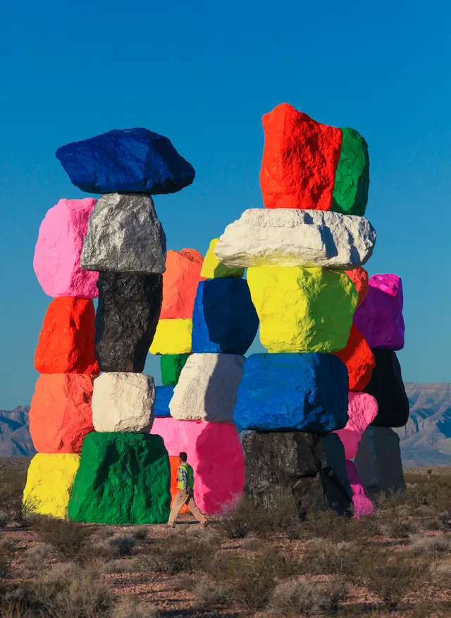 Stacked and painted boulders public art, 3d-render, playful, vibrant