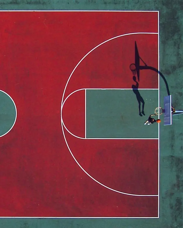 Aerial sports court with basketball player, photographic, geometric, vibrant