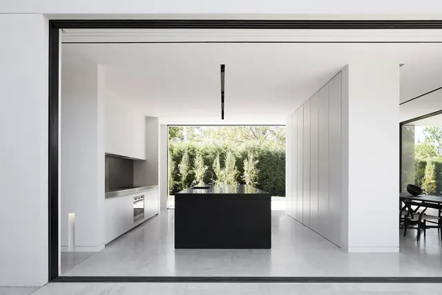 Minimalist residence kitchen through large windows, minimal, light-mode, light