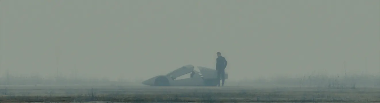 Minimalist landscape with figure and vehicle, minimalist, photographic, monochrome