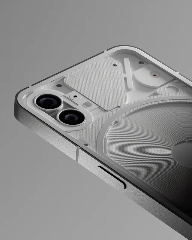 Phone detail with dual camera and textured back, photographic, technical, light