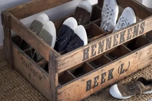 Vintage beer crate shoe storage, organic, retro, warm