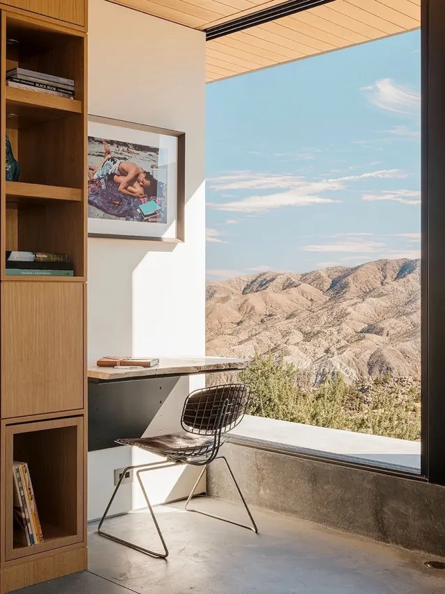 Minimalist mountain office interior, minimal, organic, light