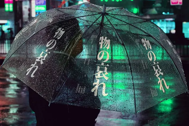 Neon umbrella rain photograph, photographic, technical, dark