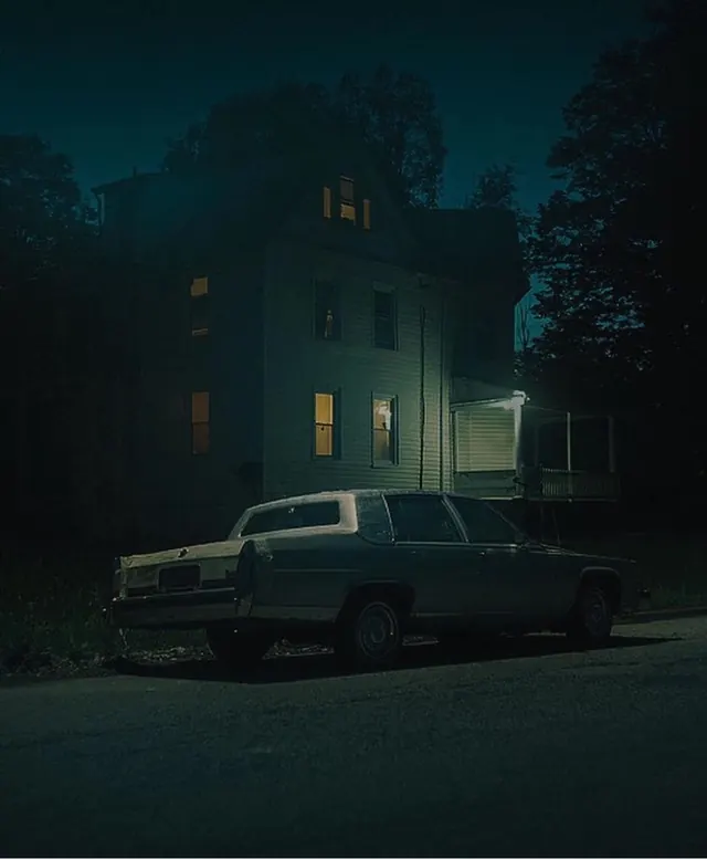 Night landscape with illuminated house and vintage car, photographic, dark-mode, dark