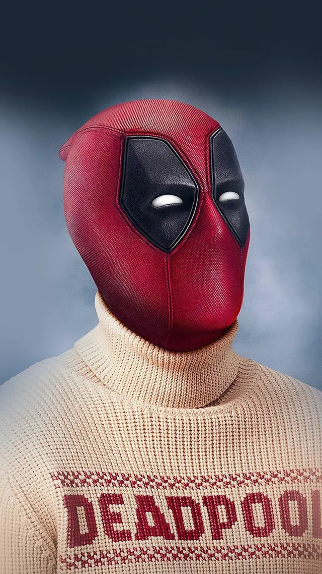 Deadpool character mask and sweater, playful, illustrated, vibrant