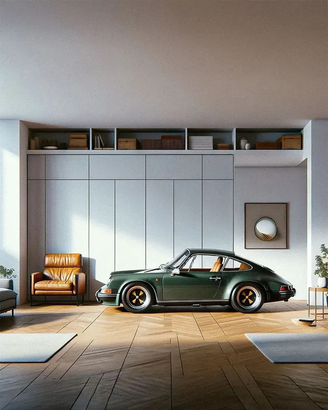 Luxury interior with vintage Porsche, minimal, luxury, warm