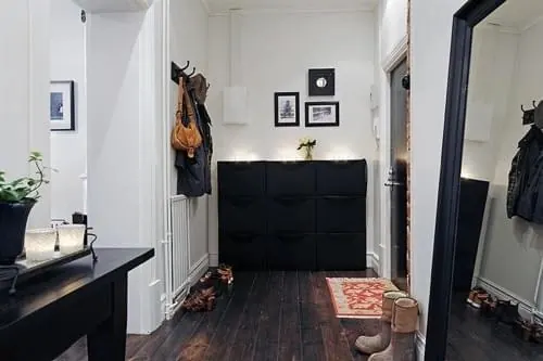 Minimalist entryway with dark accent wall, minimal, dark-mode, dark