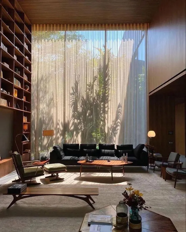 Minimalist mid-century living room interior, photographic, minimal, warm