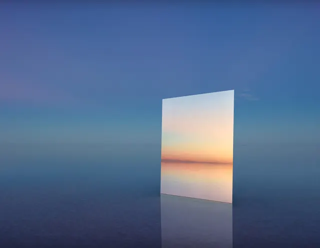 Framed landscape photograph with sunset reflection, minimalist, photographic, cool
