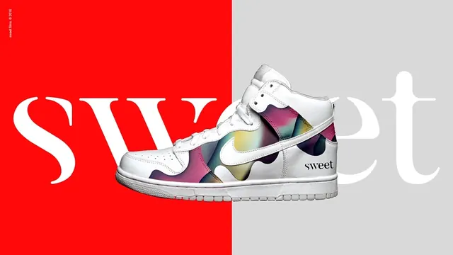 Shoe sneaker product display with split color fields, minimalist, gradient-heavy, dark