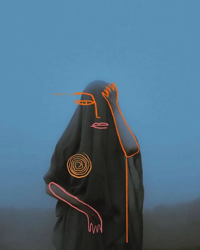 Figure with neon line art overlay, photographic, bold, cool